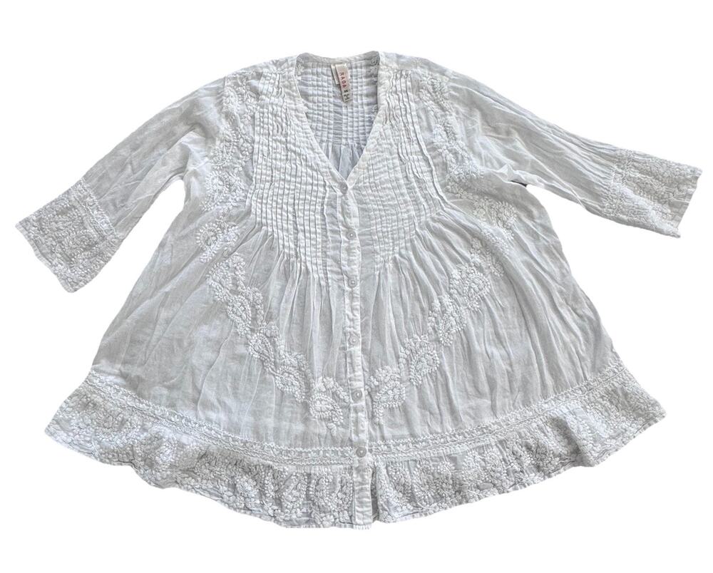 Raga Anthropologie White Embroidered Blouse 100% Cotton XS Boho Peasant